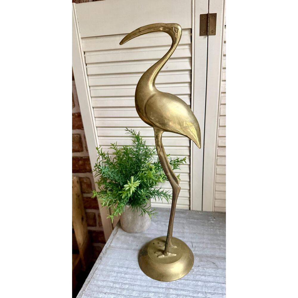 Vintage Solid Brass Heron Statue | Mid Century Modern Crane Sculpture - Picture 5 of 8